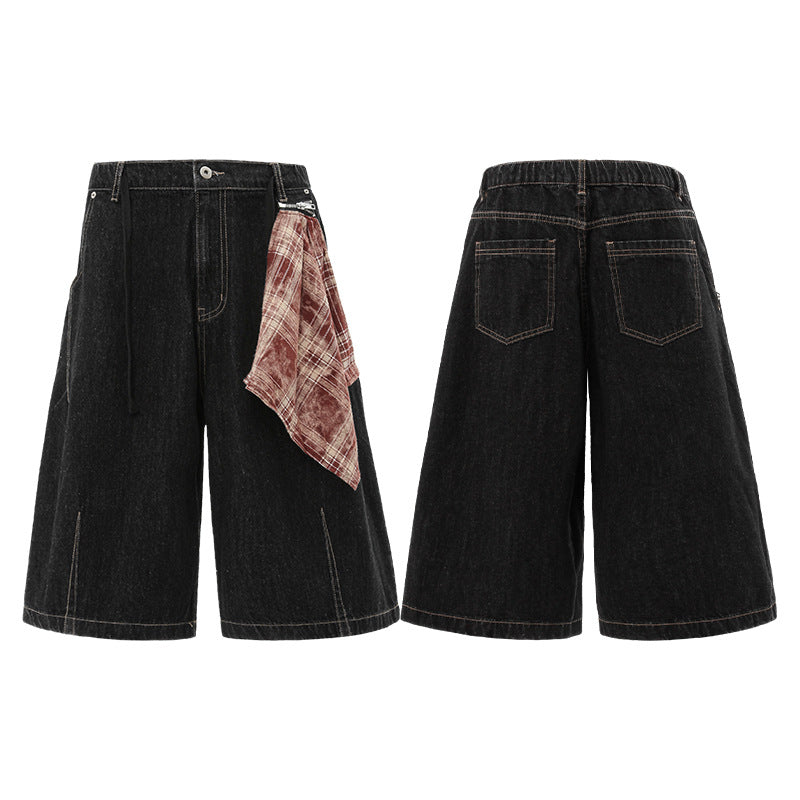 Bermuda Wide Leg in Denim Novera neri con cuciture a contrasto