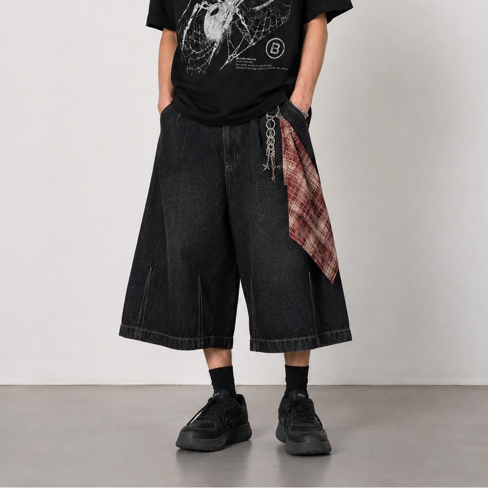 Bermuda Wide Leg in Denim Novera neri con cuciture a contrasto