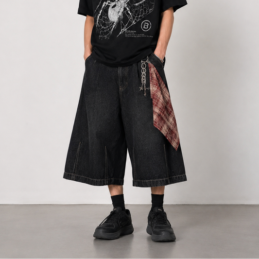 Bermuda Wide Leg in Denim Novera neri con cuciture a contrasto