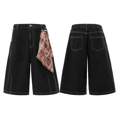 Bermuda Wide Leg in Denim Novera neri con cuciture a contrasto